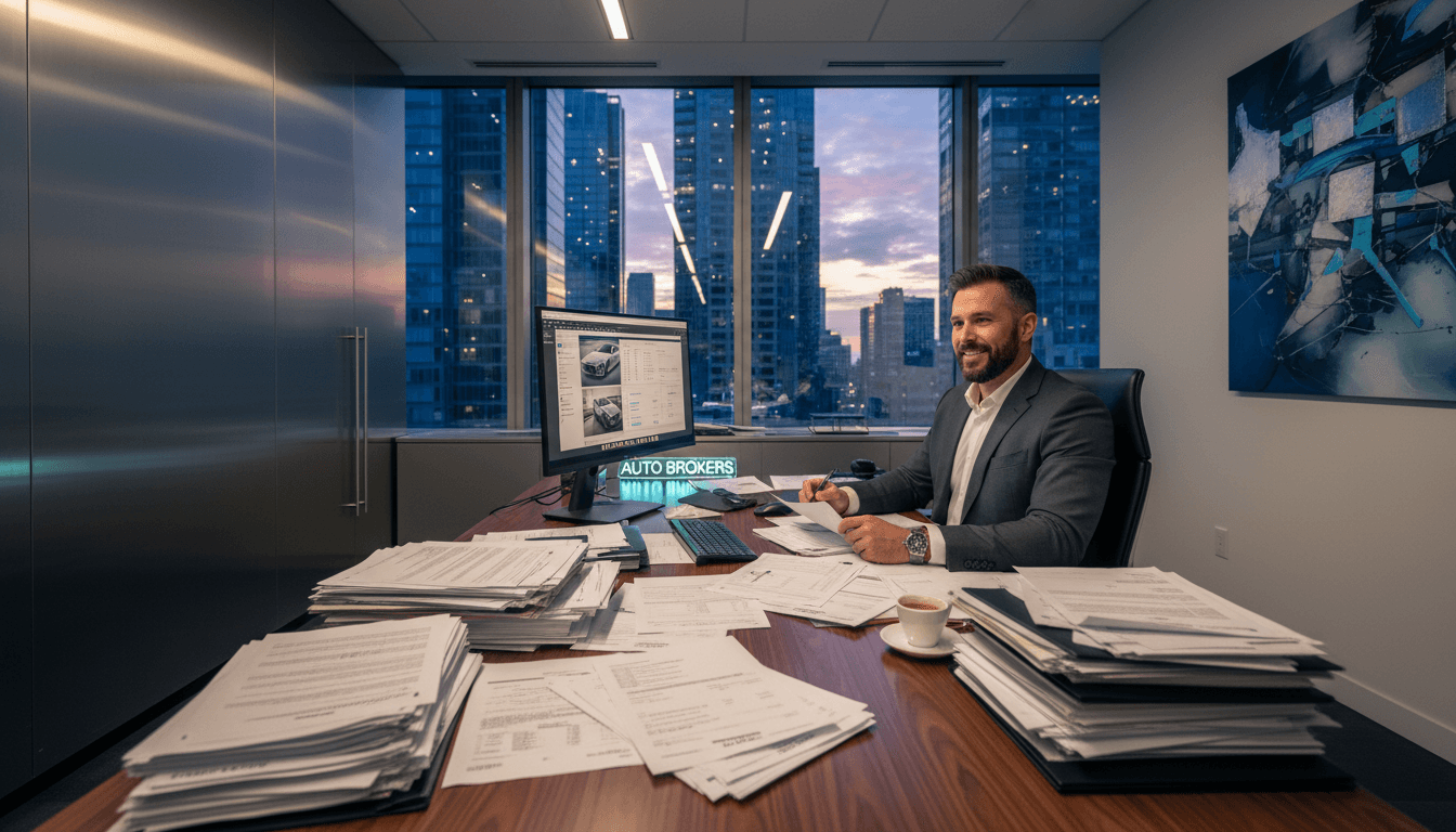 Car broker reviewing vehicle paperwork at office desk