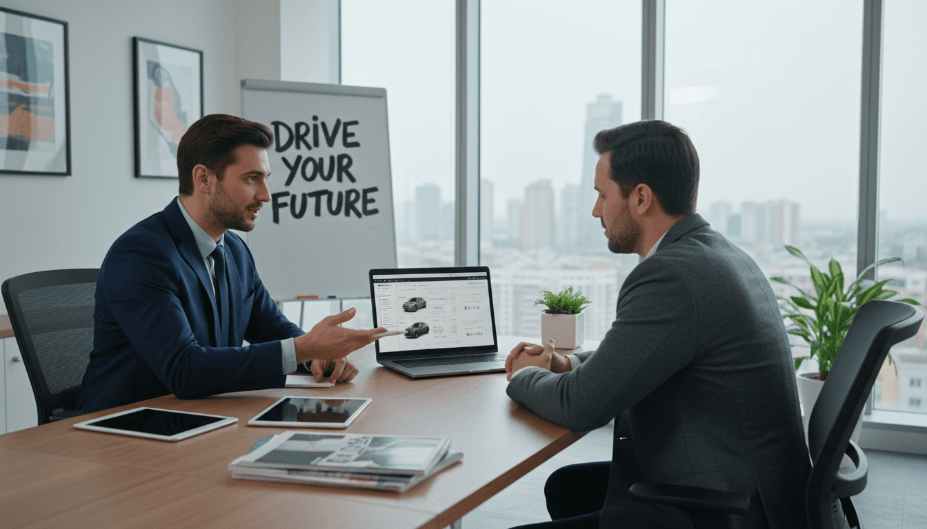 Professional car broker advisor meeting with client in modern office to discuss vehicle purchase consultation