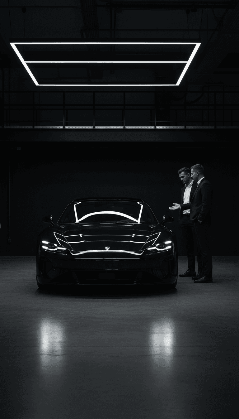 Buyer and advisor discussing vehicle features in showroom