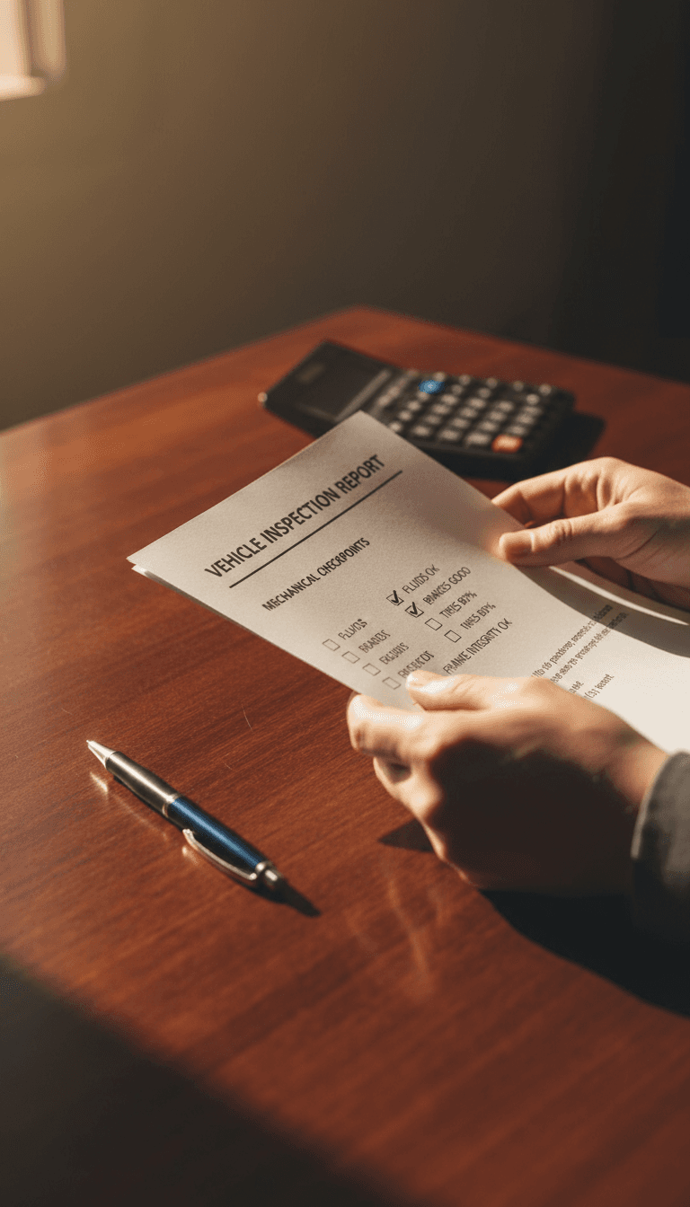 Buyer reviewing a professional vehicle inspection report