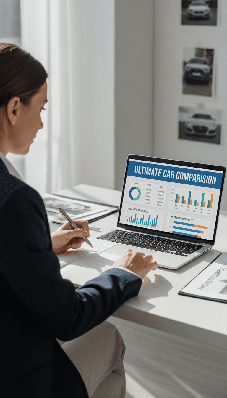 Professional comparing vehicle prices and features