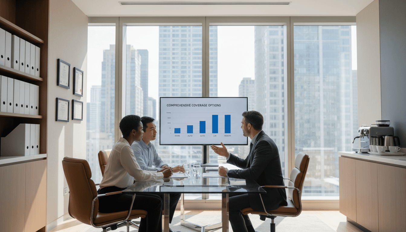 Car broker consulting with client in professional office setting