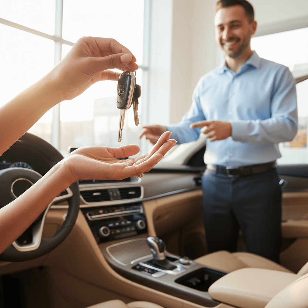 Professional automotive consultant closing a successful car purchase deal with a satisfied client