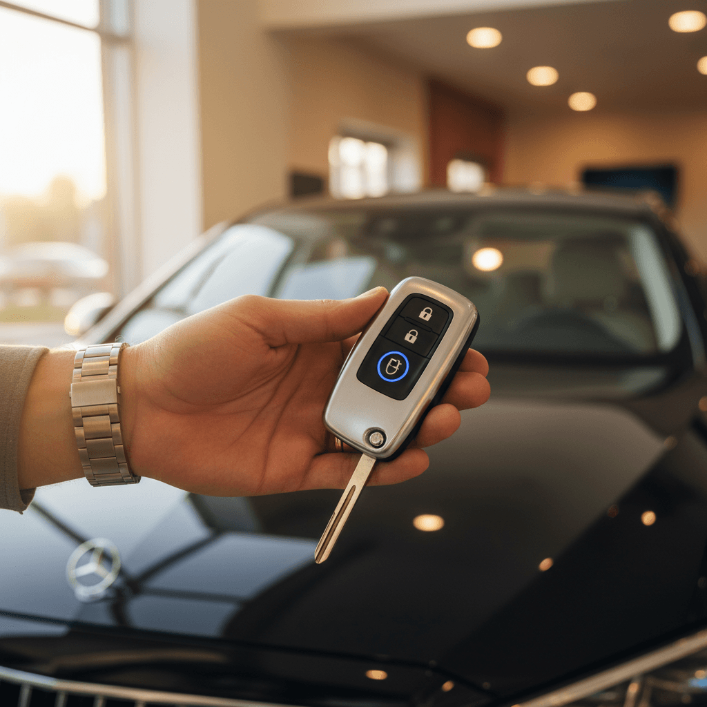 Family receiving vehicle delivery at home