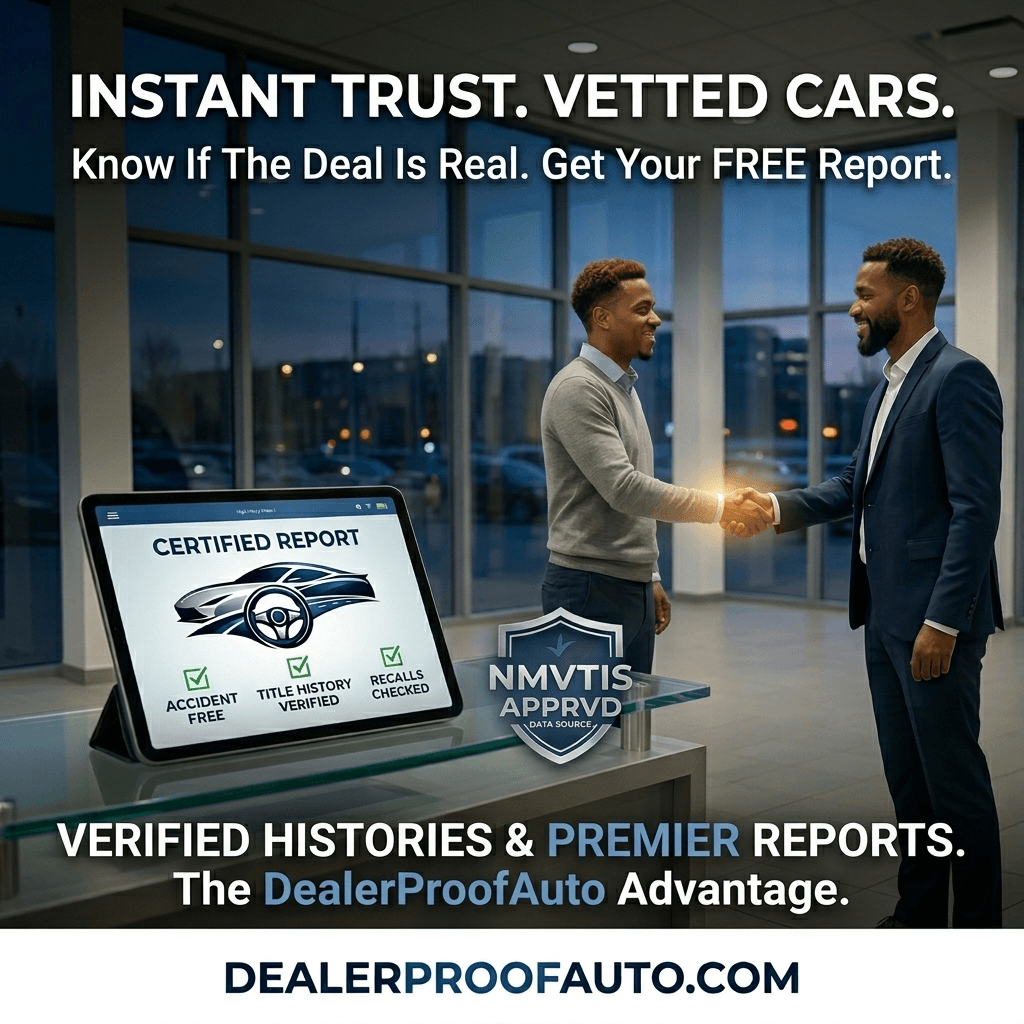 Two men shaking hands in a dealership beside a tablet displaying a certified vehicle report.
